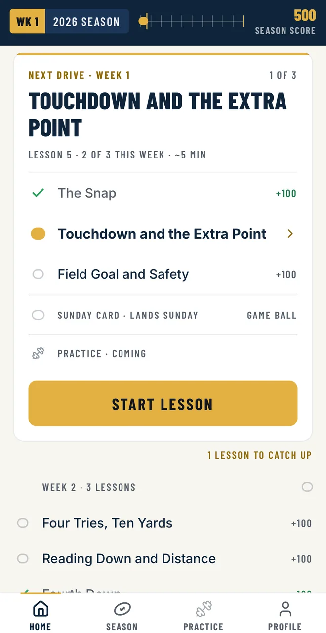 The FanQ Home screen: the season bar, the week’s three lessons with the next one marked, the Sunday Card slot, and Start Lesson