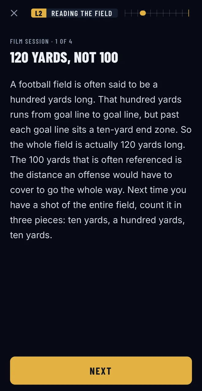 A Film Session beat from Lesson 2 in the FanQ player: the lesson bug, the drive strip, the beat heading and the reading column